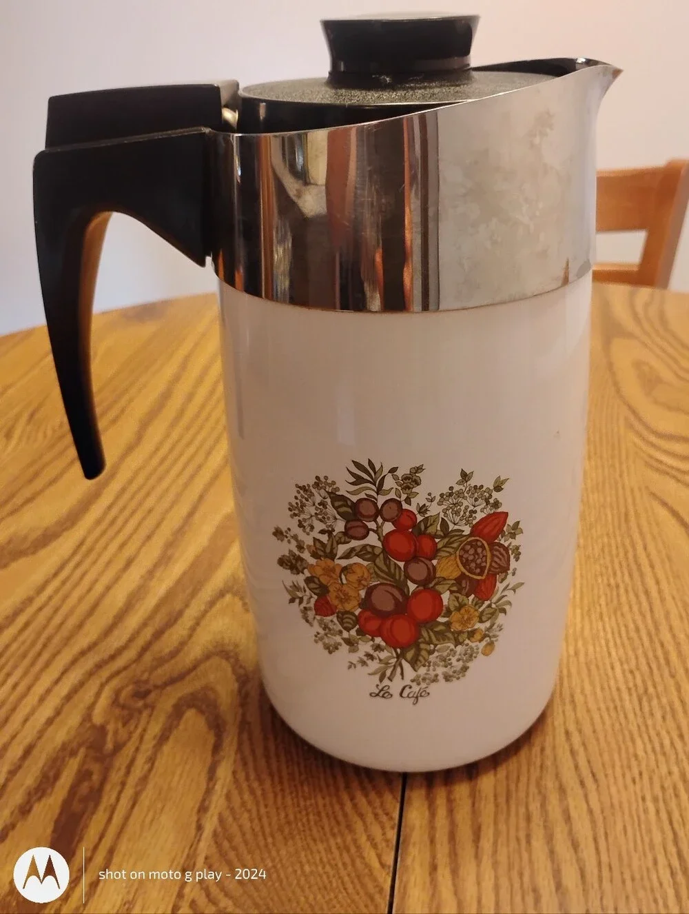 Corningware White Coffee Carafe with Black Handle and Chrome Top Band